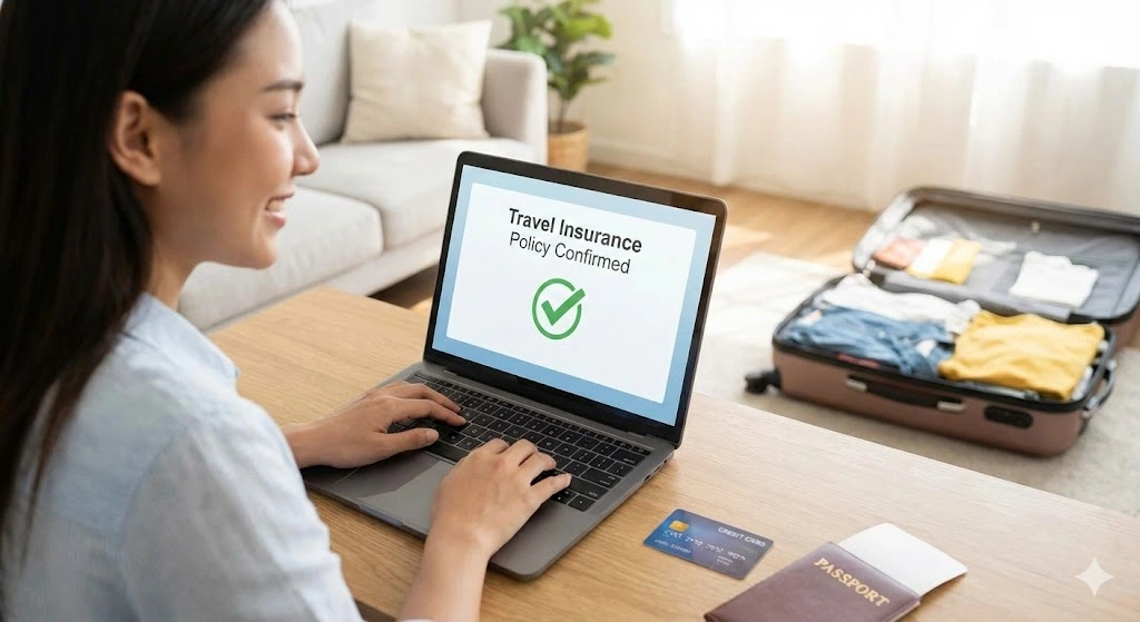 Homme assis dans un café, regardant pensivement un tableau comparatif de différentes formules et Souscrire Assurance Voyage en Ligne (Basic, Standard, Premium) sur son ordinateur portable.