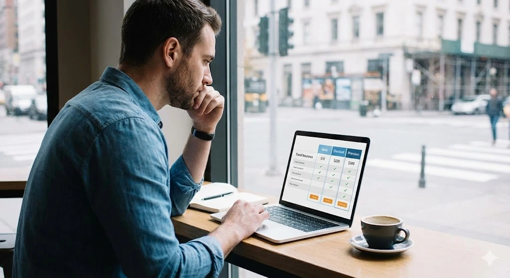 Jeune femme souriante devant son ordinateur portable affichant une confirmation de police de Souscrire une assurance voyage avec une coche verte, sa valise ouverte en arrière-plan.