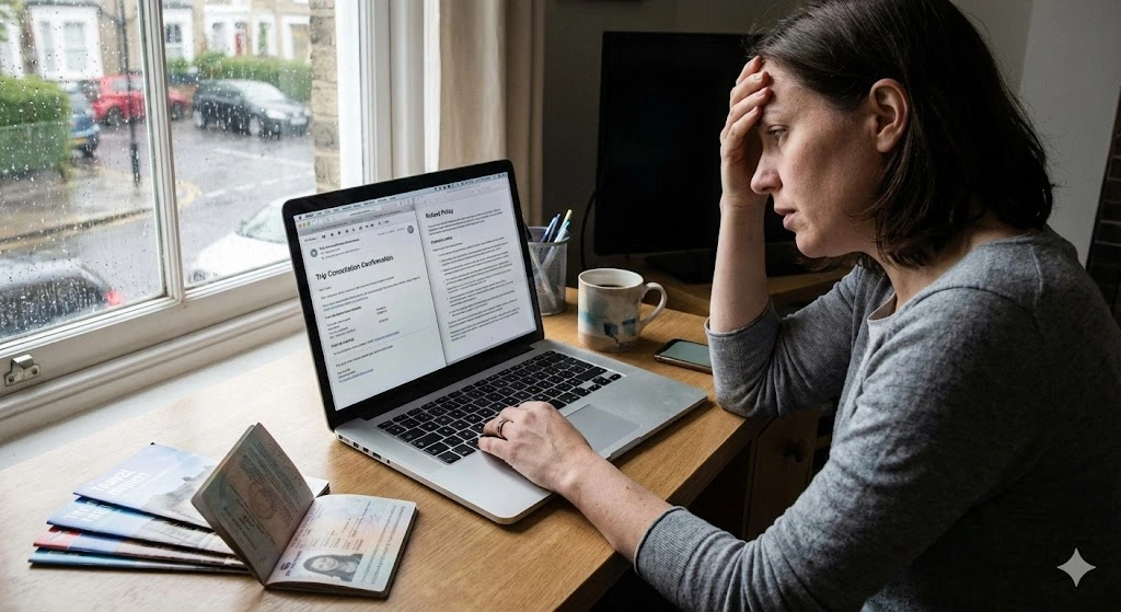 1 Une personne attentive rassemblant des documents administratifs (billets, certificat médical) pour constituer un dossier de demande de remboursement auprès de l'assurance annulation voyage.