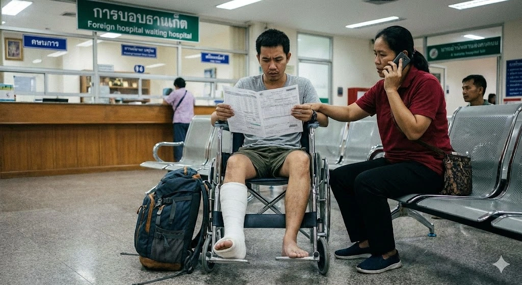 Urgence Santé : Guide pour souscrire une assurance rapatriement 1 Voyageur au téléphone dans un aéroport ou un hôtel, en train de contacter le plateau d'assistance médicale de son assurance pour une prise en charge d'urgence.